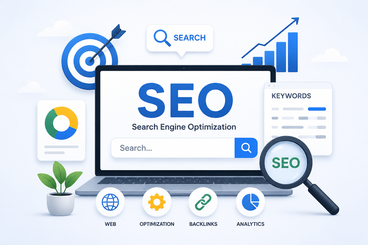 Search & SEO — keywords, backlinks, on-page optimization and analytics